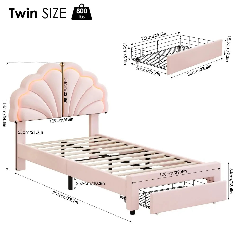Twin Upholstered LED Kids Bed Frame with Storage Drawers - Ky Ky Kiwi