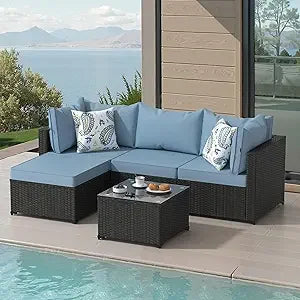 Modern 5 Piece Wicker Patio Furniture Set with Ottoman - Ky Ky Kiwi