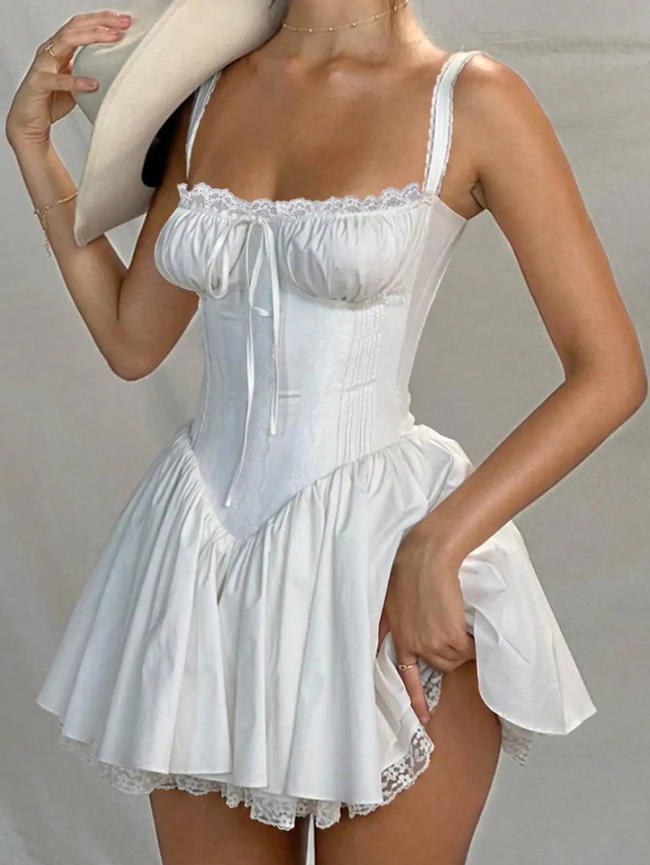 Women's Sexy Sweetheart Neck Sleeveless Tie Front Lace Trim A Line Party Mini Dress