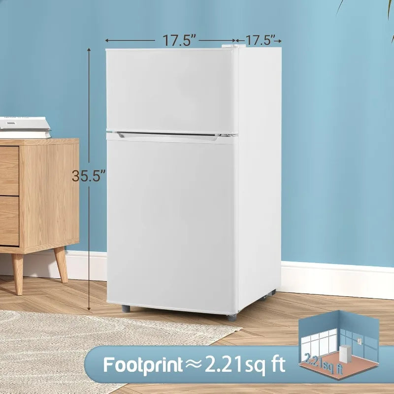 Double Door Refrigerator with Freezer, 3.5 Cu.Ft, Small Fridge with Freezer,7 Settings Temperature Adjustable, Mini Refrigerator
