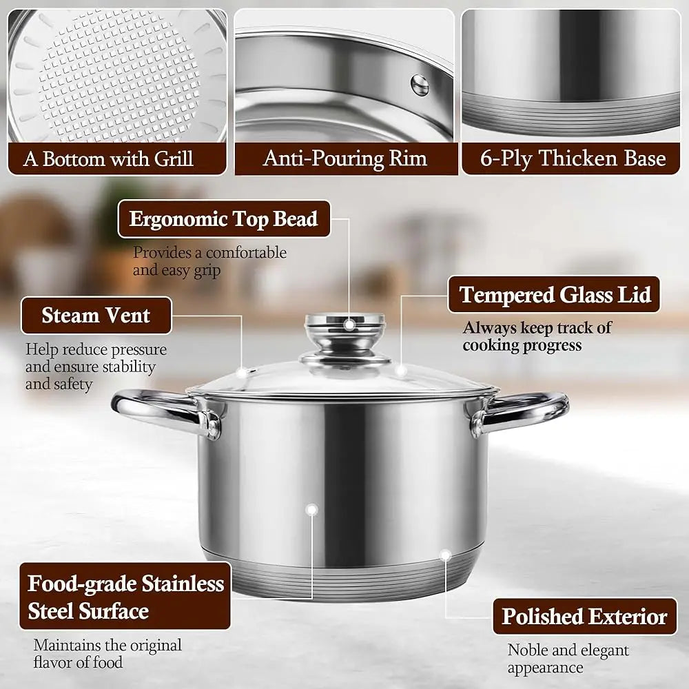 15-Piece Stainl Steel Cookware Set, Pots And Pans Set With Glass Lids, Kitchen Induction Cookware With Steamer, Utensils Set &