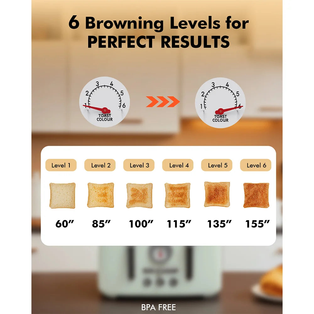 4-Slice Toaster with 1.6" Extra-Wide Slots, 6-Level Browning Control & Bagel/Defrost, Removable Crumb Tray, Auto Shutoff, Green