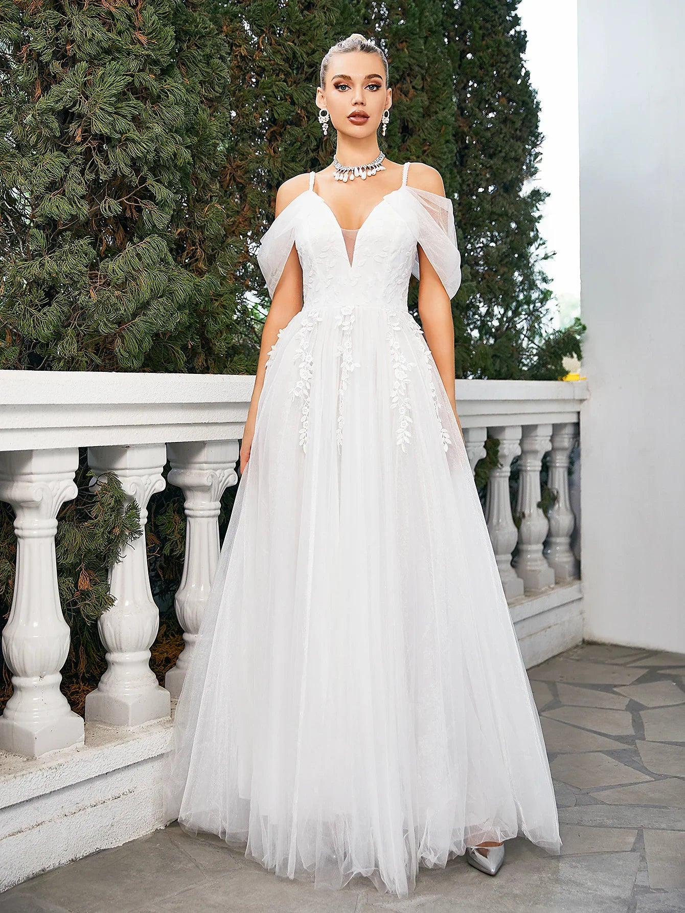 Wedding Dress Flower Lace Embroidery Bride Wedding Maxi Dress White Bridesmaid Tulle Gown Long Dress Evening Party Princess Wear