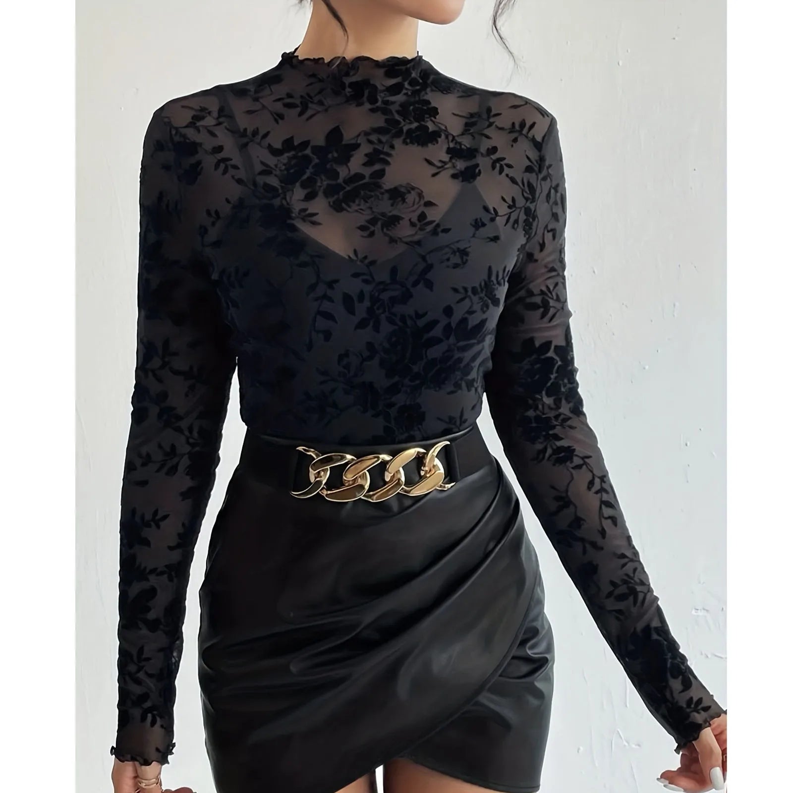 Lace Turtleneck Sheer Blouse for Women Stylish Pullover Top - Ky Ky Kiwi