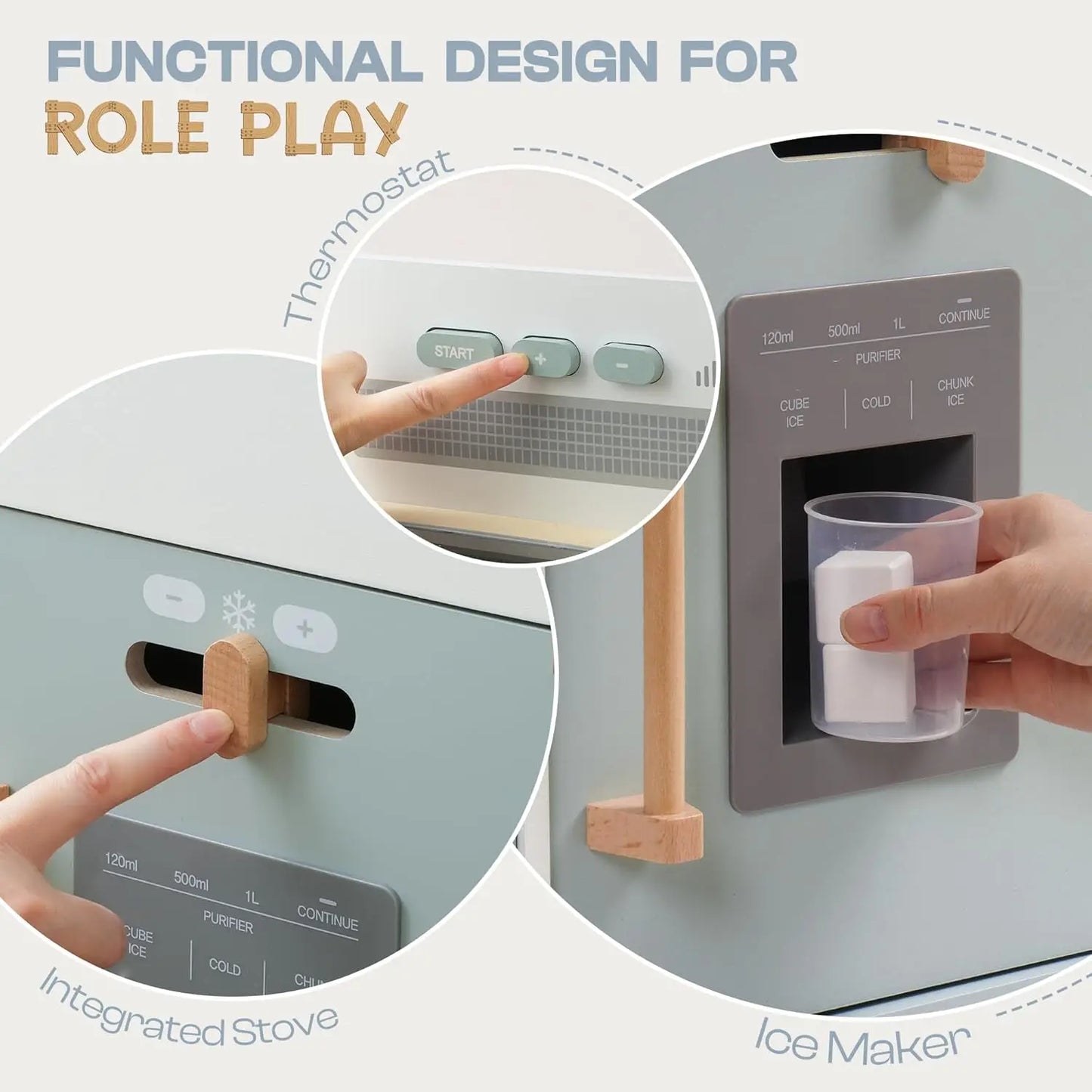 Robotime Play Kitchen Wooden Kids Play Kitchen Playset with Real Lights Sounds Ice Cube Dispenser Blue Toy Kitchen For Ages 3+