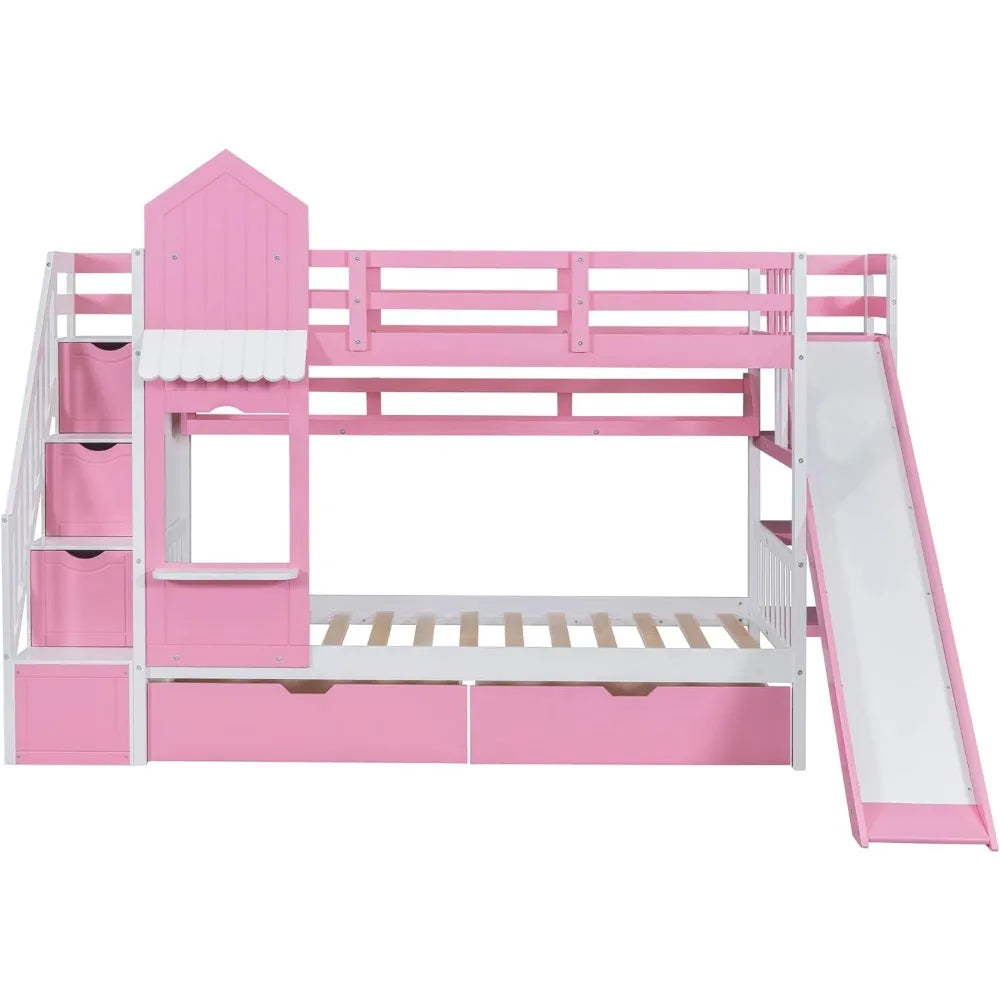 Twin Over Twin Bunk Bed with Storage and Slide Feature - Ky Ky Kiwi