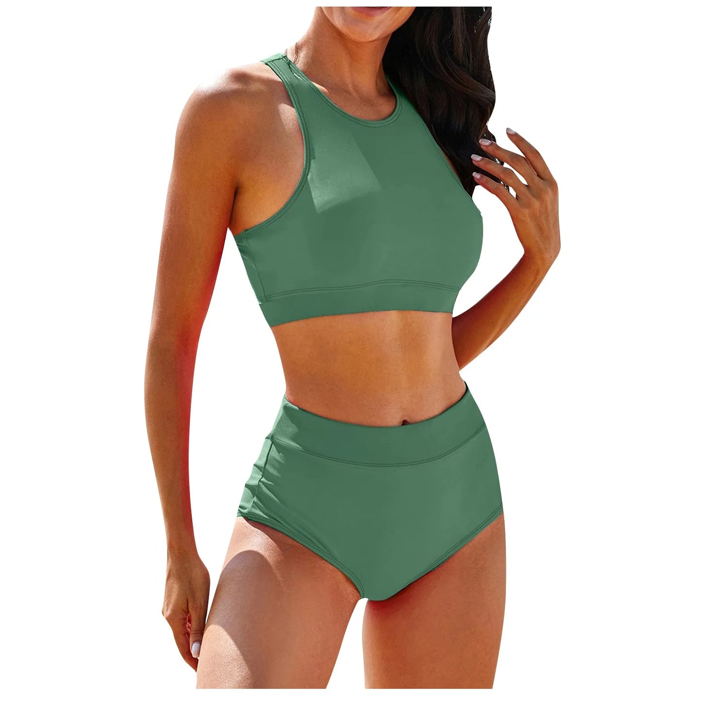 High Waist Casual Two-Piece Swimwear Solid Color Bikini Set - Ky Ky Kiwi