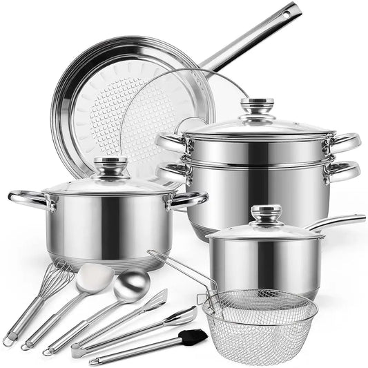 15-Piece Stainl Steel Cookware Set, Pots And Pans Set With Glass Lids, Kitchen Induction Cookware With Steamer, Utensils Set &