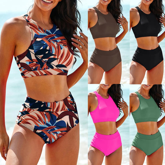 High Waist Casual Two-Piece Swimwear Solid Color Bikini Set - Ky Ky Kiwi