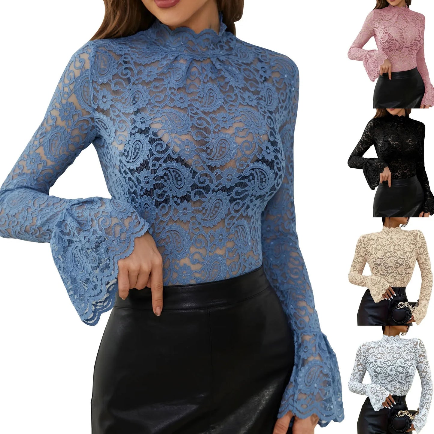 Elegant Flower Lace Turtleneck Blouse for Women Office Wear - Ky Ky Kiwi