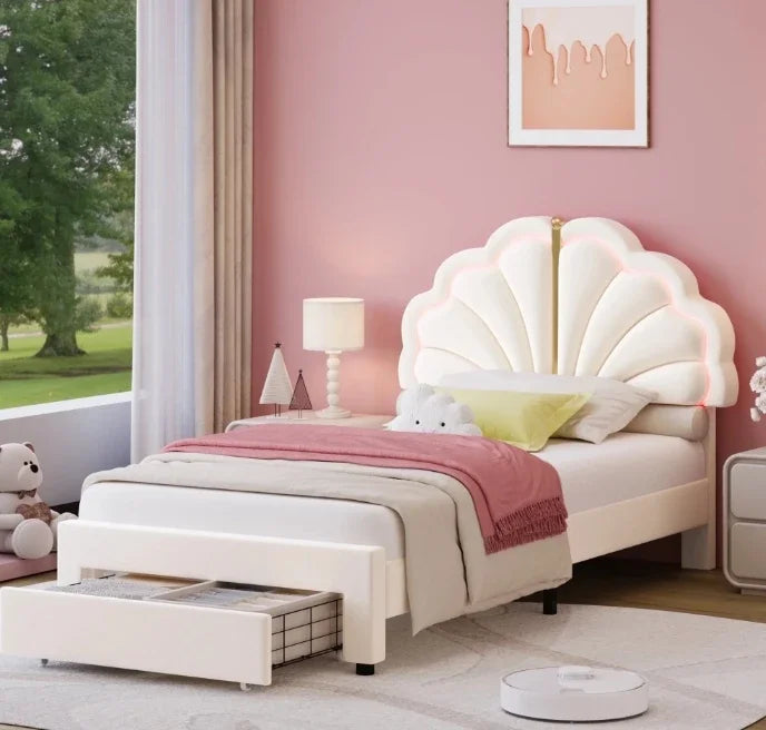 Twin Upholstered LED Kids Bed Frame with Storage Drawers - Ky Ky Kiwi