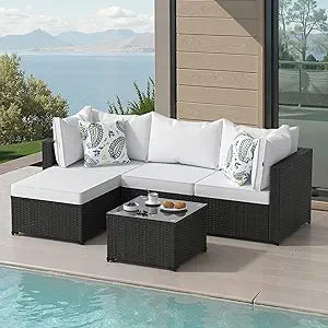 Modern 5 Piece Wicker Patio Furniture Set with Ottoman - Ky Ky Kiwi