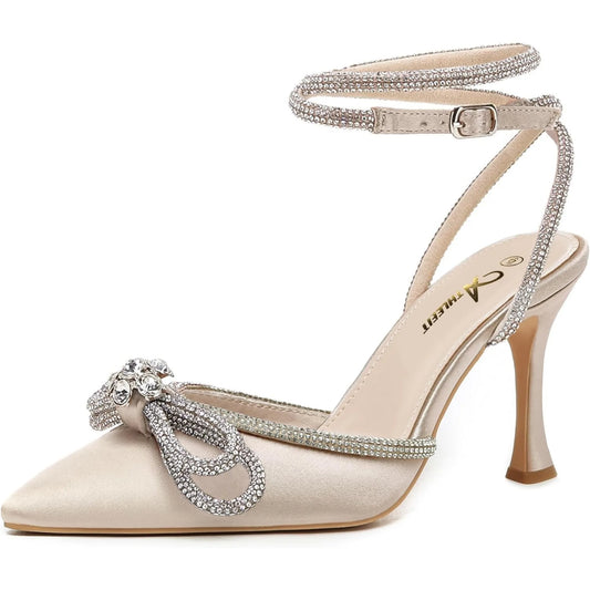 Women's Rhinestone Bow Ankle Strap Stiletto Heels for Weddings - Ky Ky Kiwi