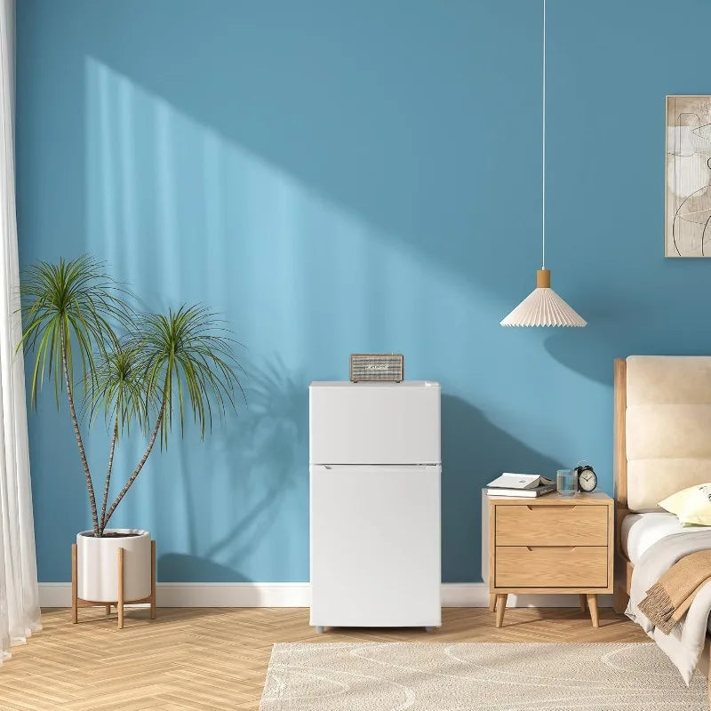 Double Door Refrigerator with Freezer, 3.5 Cu.Ft, Small Fridge with Freezer,7 Settings Temperature Adjustable, Mini Refrigerator