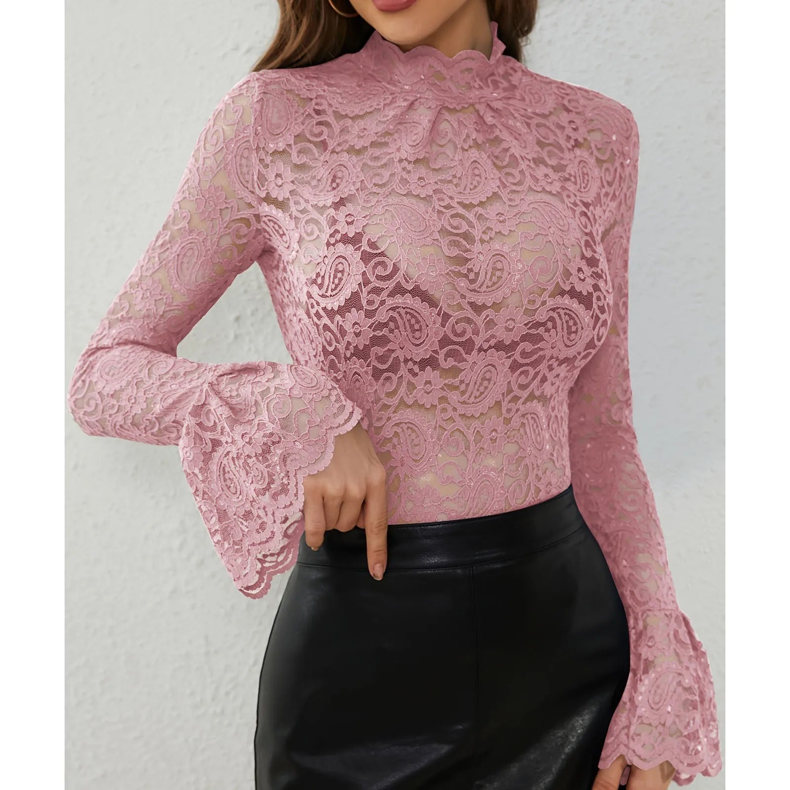 Elegant Flower Lace Turtleneck Blouse for Women Office Wear - Ky Ky Kiwi