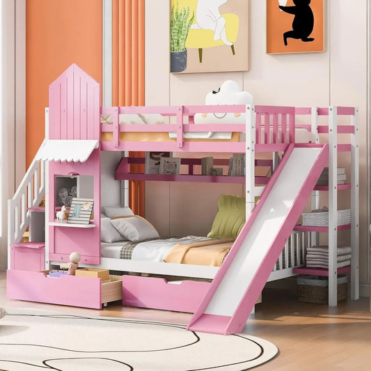 Twin Over Twin Bunk Bed with Storage and Slide Feature - Ky Ky Kiwi