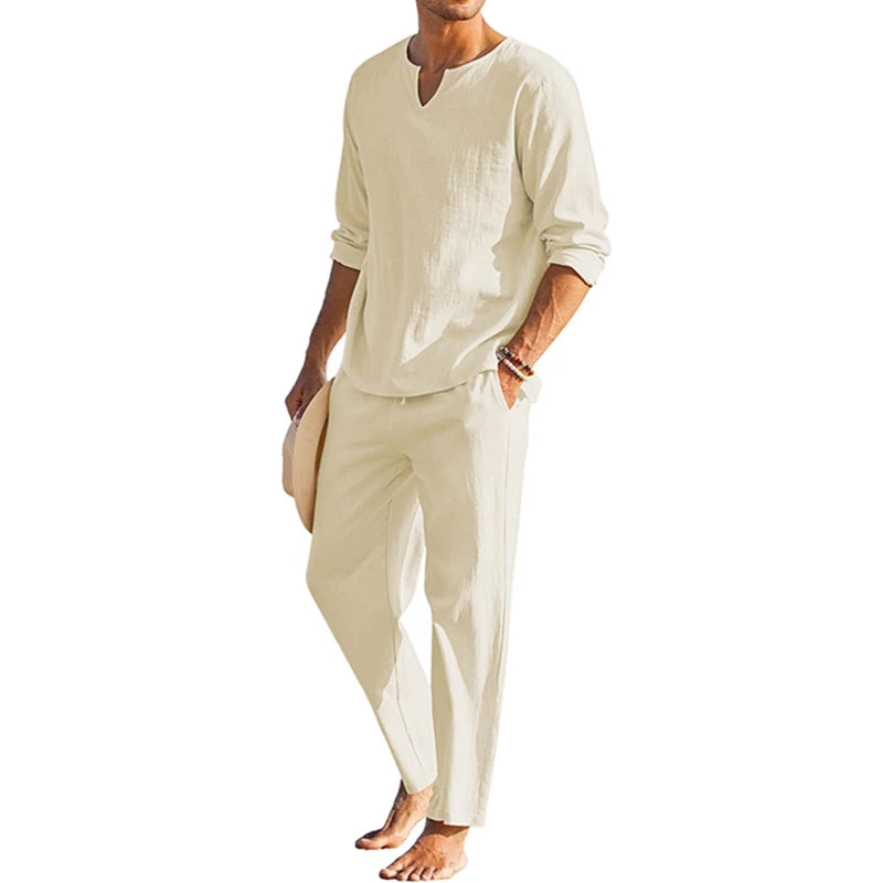 Men's Summer Cotton Linen Henley Shirt and Drawstring Pants Set - Ky Ky Kiwi