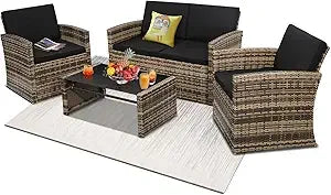 Outdoor Wicker Patio Conversation Set with Sofa and Chairs - Ky Ky Kiwi