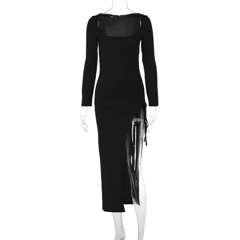 Fall Hot Maxi Dresses Long Sleeve Square Neck High Split Dress Sexy Drawstring Women's Party Evening Dresses for women clothes