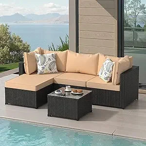 Modern 5 Piece Wicker Patio Furniture Set with Ottoman - Ky Ky Kiwi