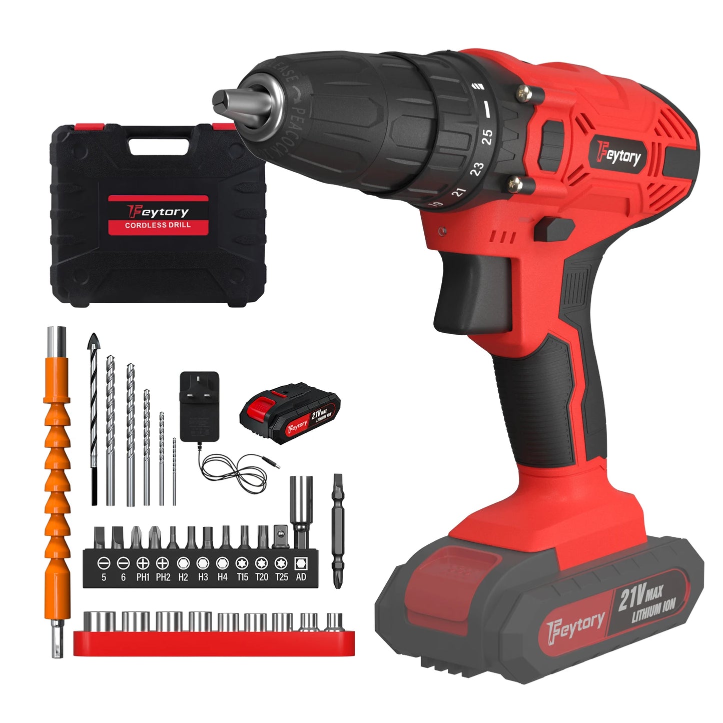 DayPlus 21V Cordless Power Drill, 3/8" Handheld Screwdriver Drill Set with 25+1 Torque Setting,1.5AH Li-ion Battery&Fast Charger