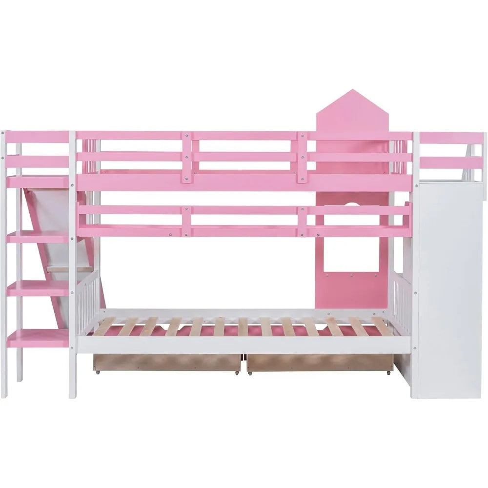 Twin Over Twin Bunk Bed with Storage and Slide Feature - Ky Ky Kiwi