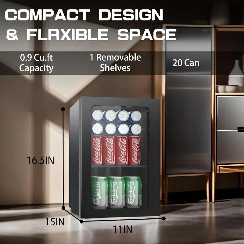 Compact Beverage Refrigerator,20 Can/0.9 Cubic Feet Fridge with Glass Front Door for Soda, Beer or Wine, Under Counter Small