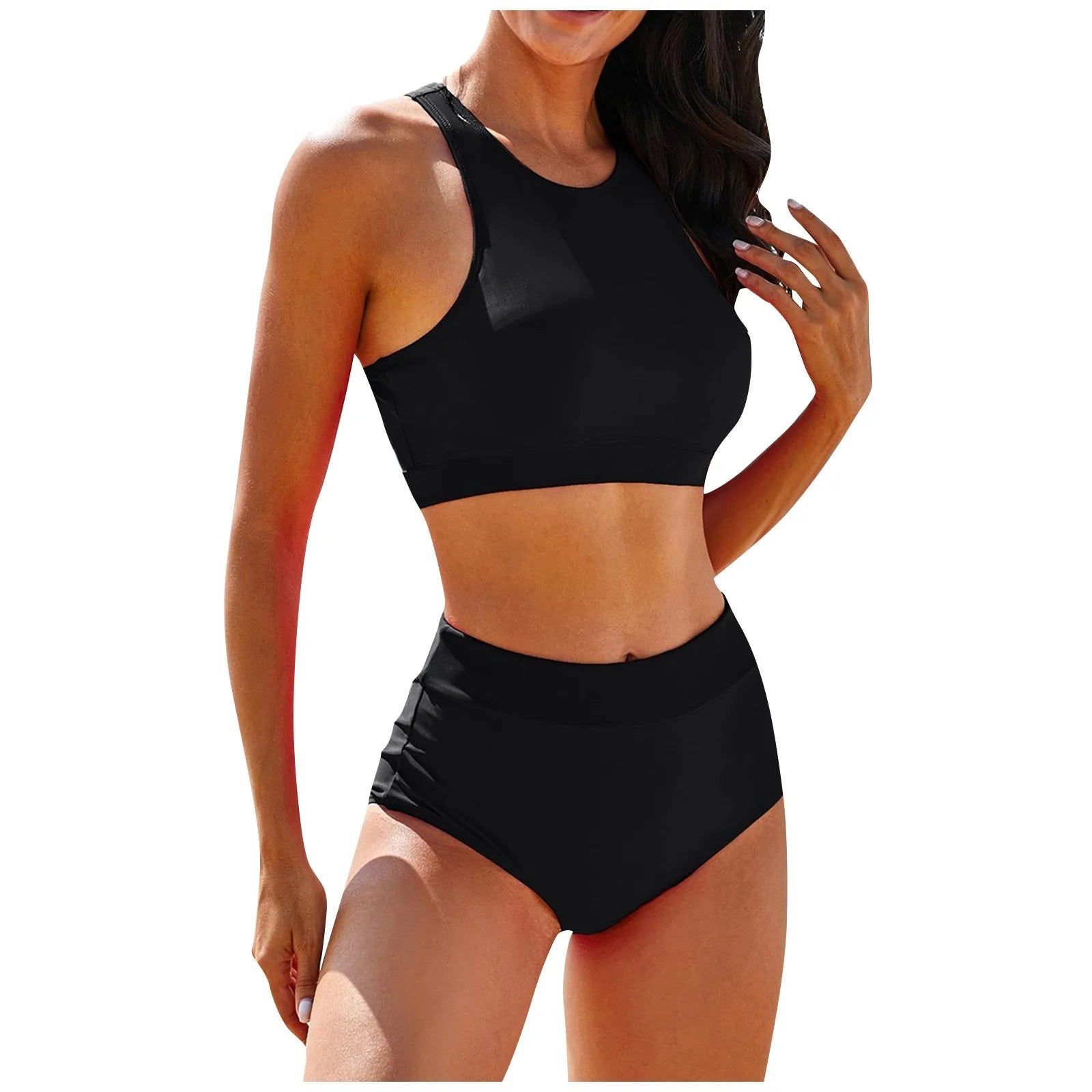High Waist Casual Two-Piece Swimwear Solid Color Bikini Set - Ky Ky Kiwi