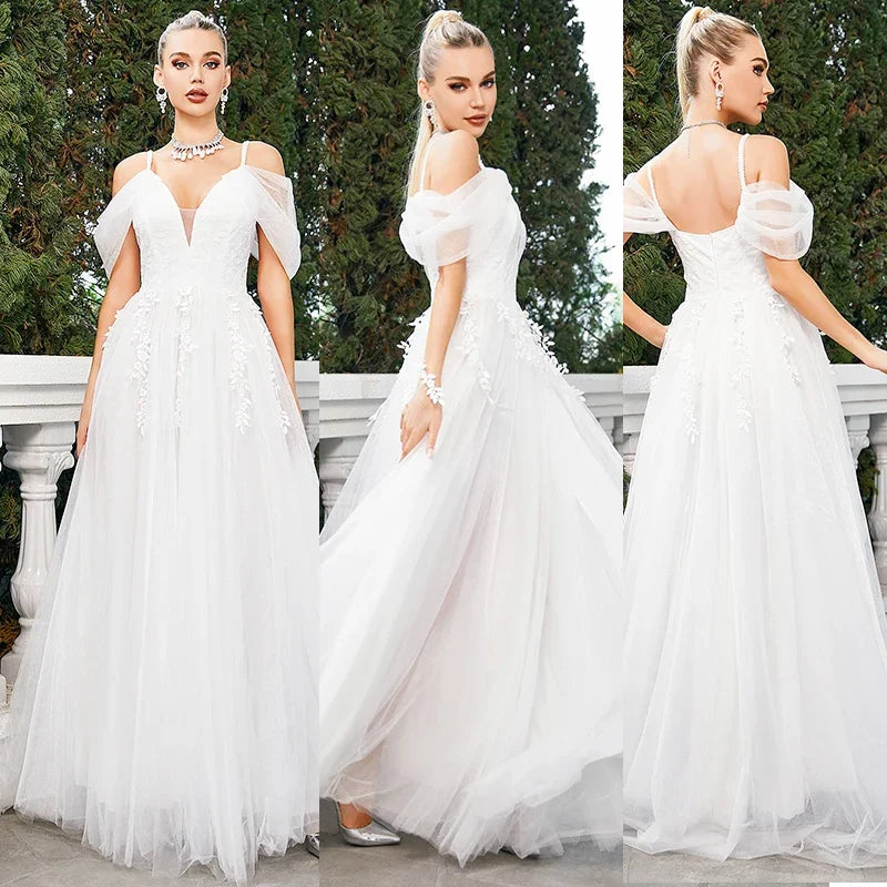 Wedding Dress Flower Lace Embroidery Bride Wedding Maxi Dress White Bridesmaid Tulle Gown Long Dress Evening Party Princess Wear