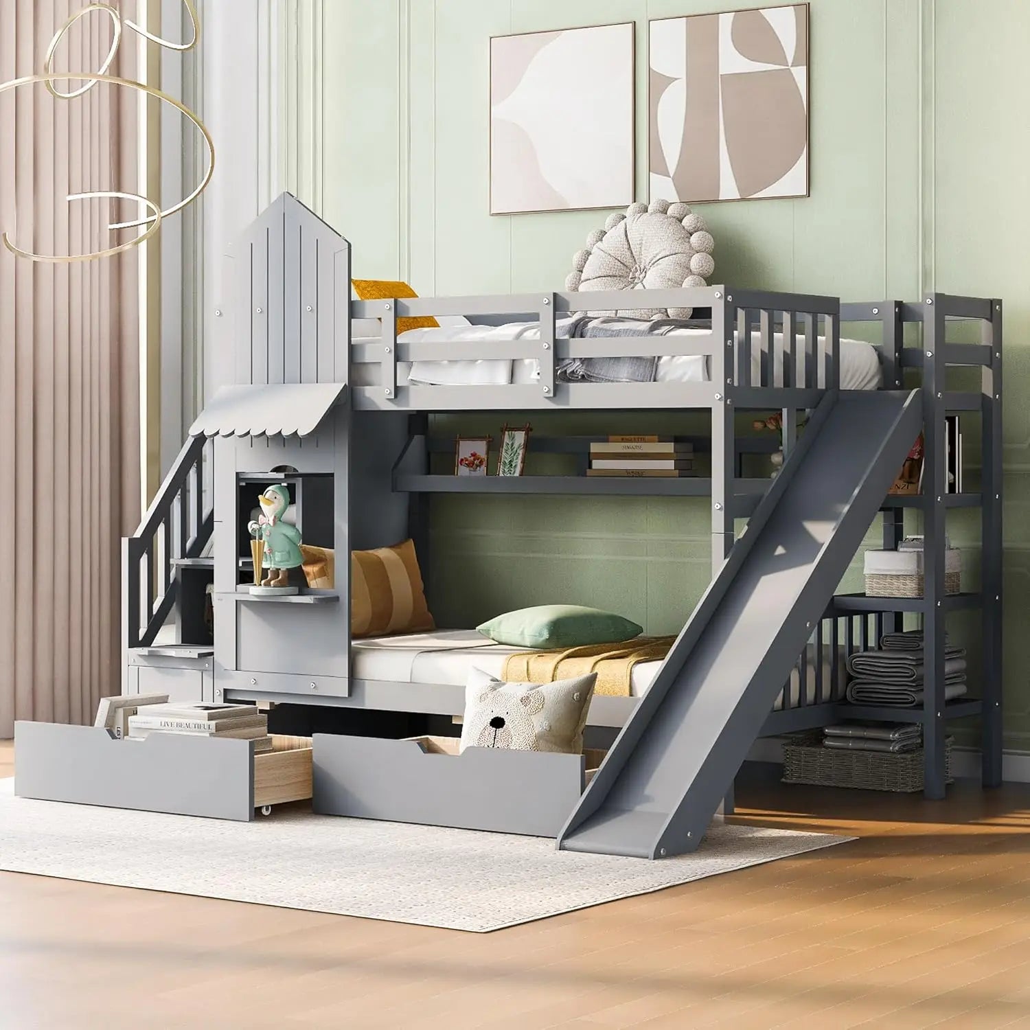 Twin Over Twin Bunk Bed with Storage and Slide Feature - Ky Ky Kiwi