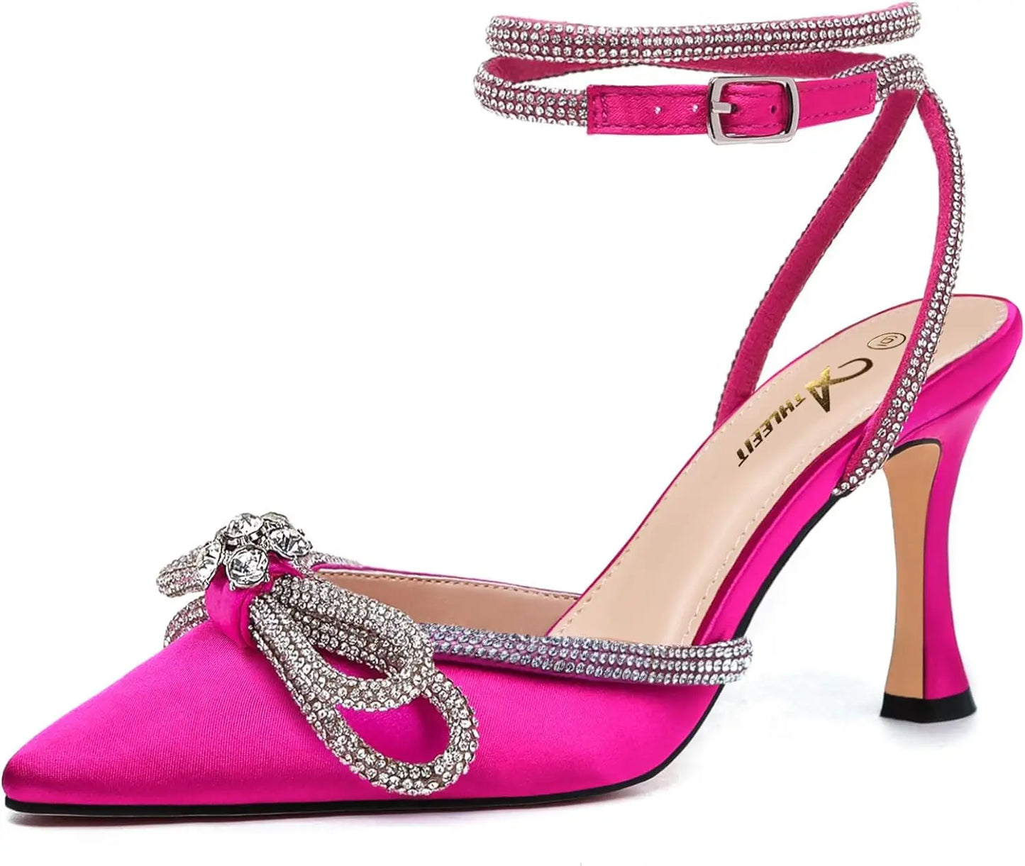 Women's Rhinestone Bow Ankle Strap Stiletto Heels for Weddings - Ky Ky Kiwi