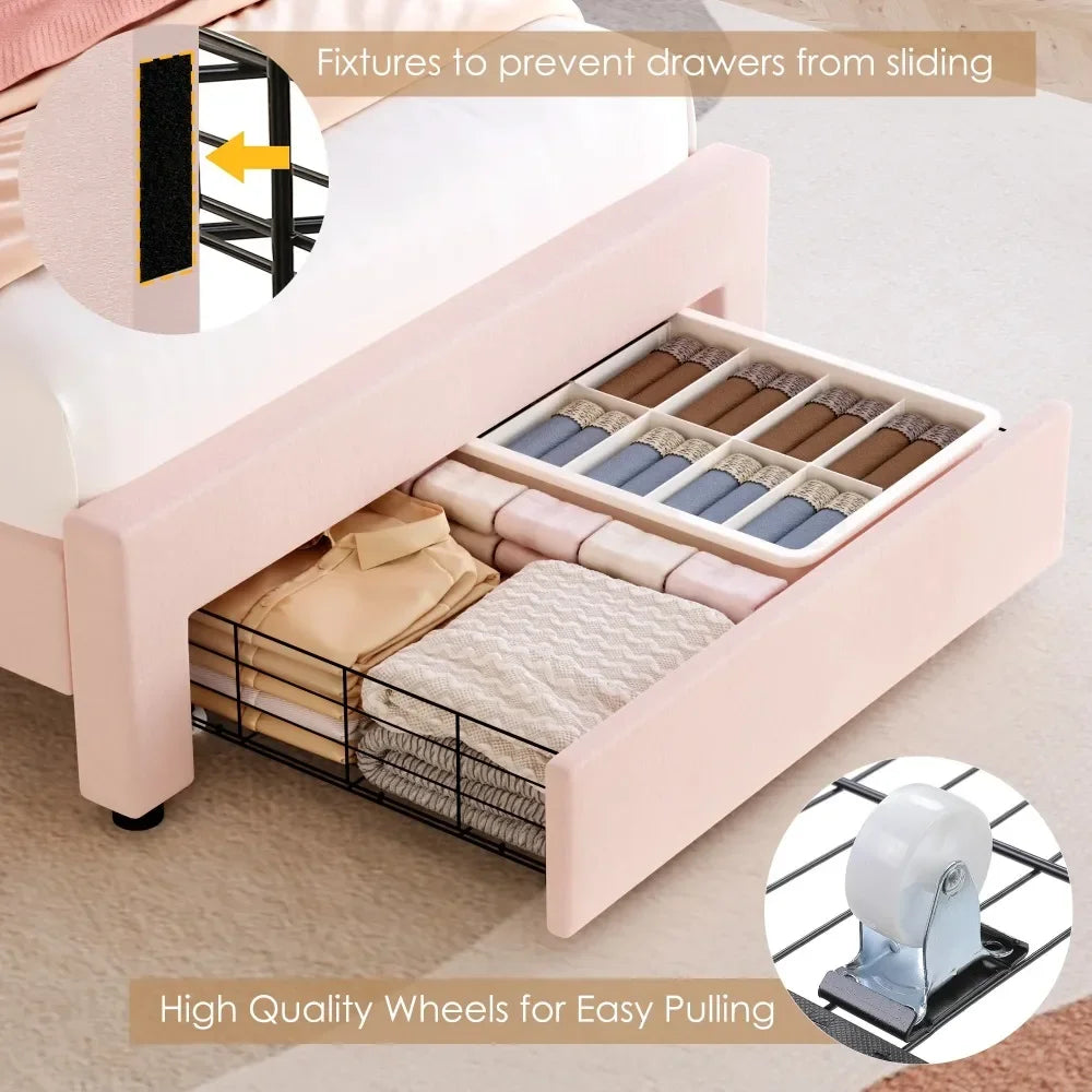 Twin Upholstered LED Kids Bed Frame with Storage Drawers - Ky Ky Kiwi