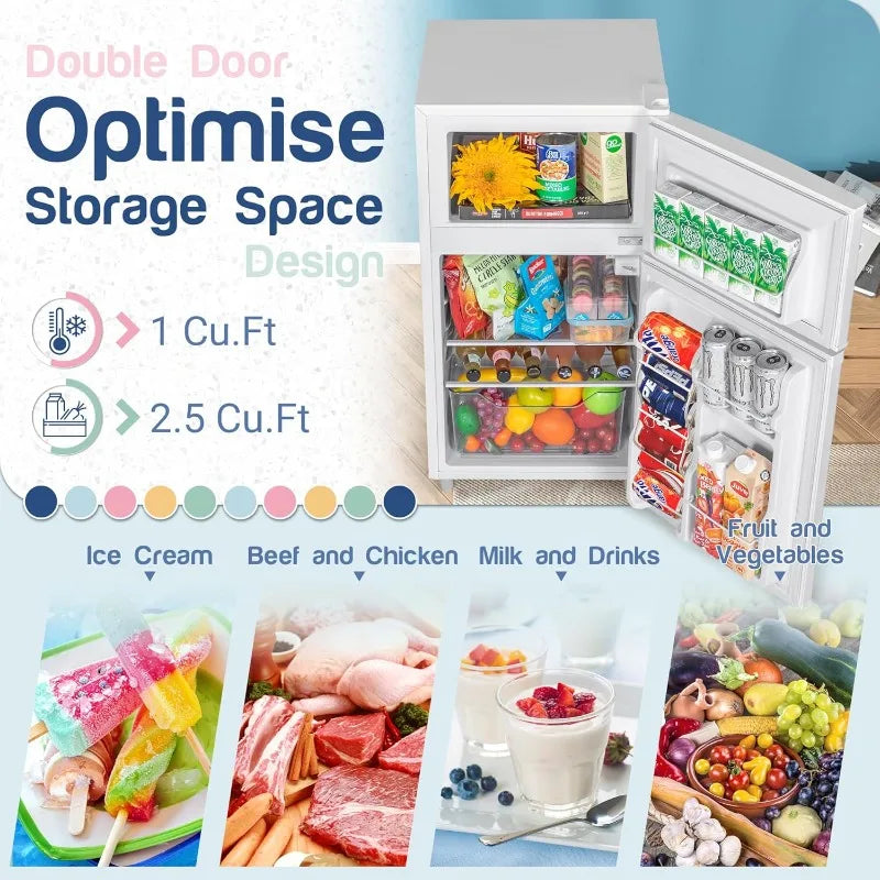 Double Door Refrigerator with Freezer, 3.5 Cu.Ft, Small Fridge with Freezer,7 Settings Temperature Adjustable, Mini Refrigerator