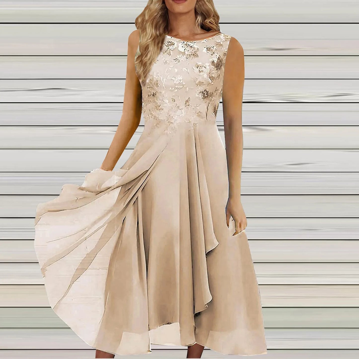Women'S Dress Chiffon Elegant Lace Patchwork Dress Cut-Out Sleeveless Dress Bridesmaid Evening Dress Ropa De Mujer
