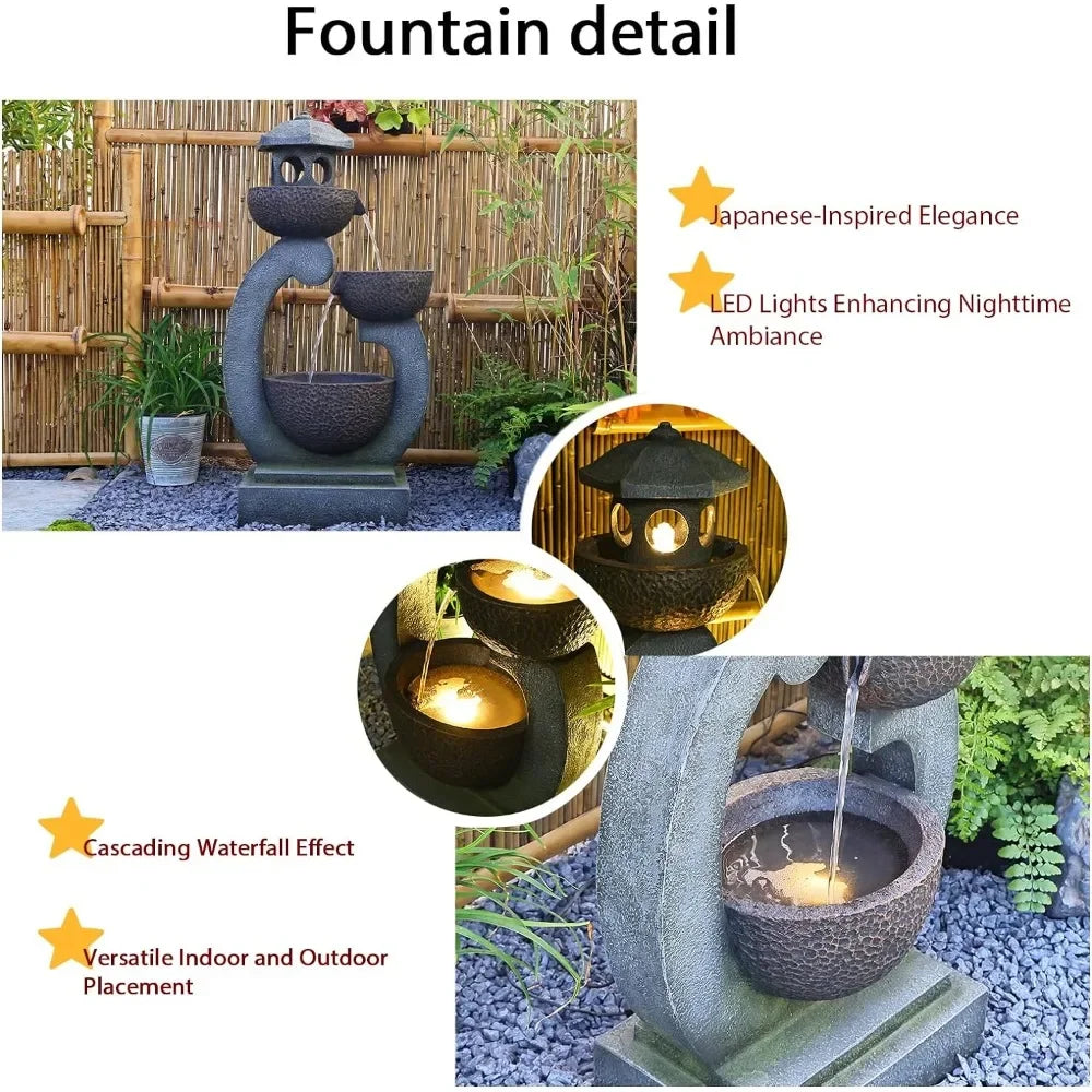 Zen Outdoor Water Fountain with LED Lights and Pump - Ky Ky Kiwi