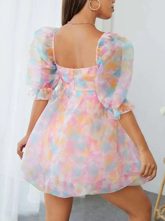 Women s Summer Casual A-line Dress Short Puff Sleeve Square Neck Colorful Pattern Print Dress