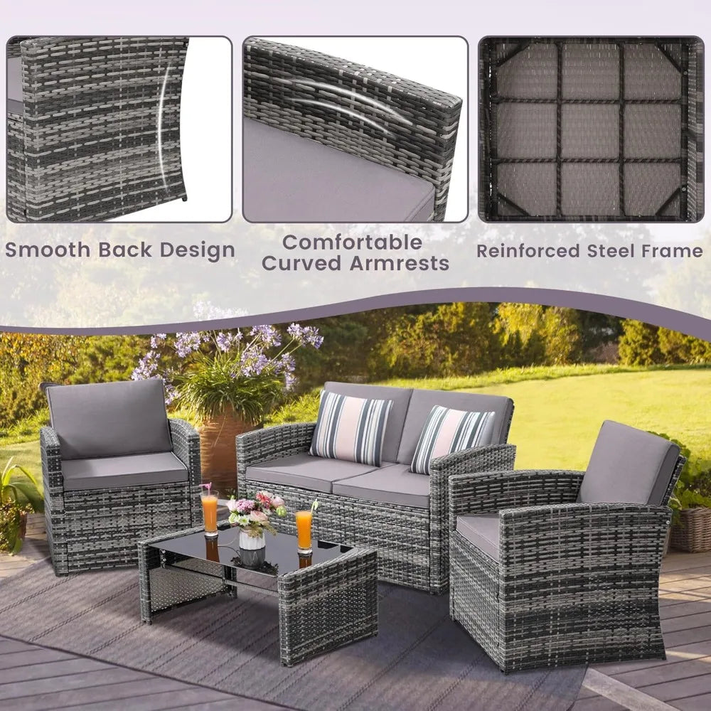 Outdoor Wicker Patio Conversation Set with Sofa and Chairs - Ky Ky Kiwi