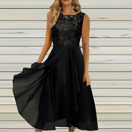 Women'S Dress Chiffon Elegant Lace Patchwork Dress Cut-Out Sleeveless Dress Bridesmaid Evening Dress Ropa De Mujer