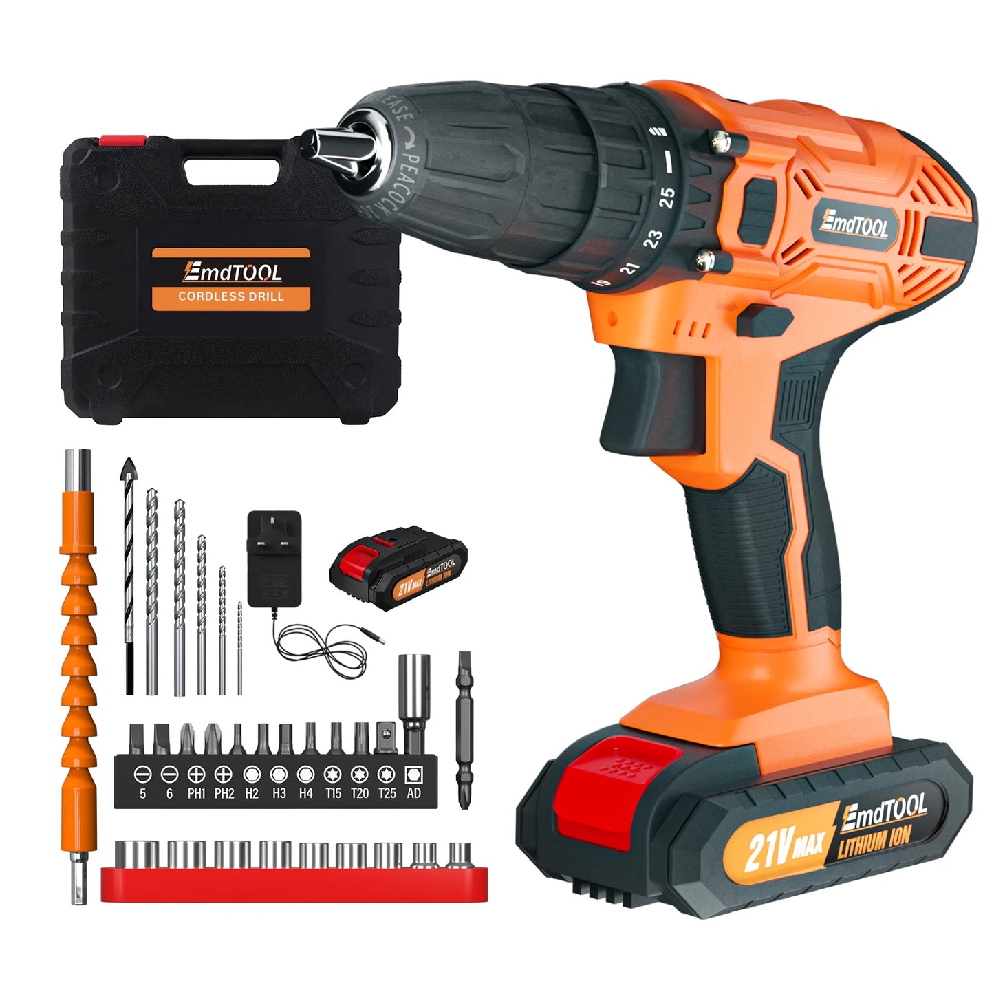 DayPlus 21V Cordless Power Drill, 3/8" Handheld Screwdriver Drill Set with 25+1 Torque Setting,1.5AH Li-ion Battery&Fast Charger