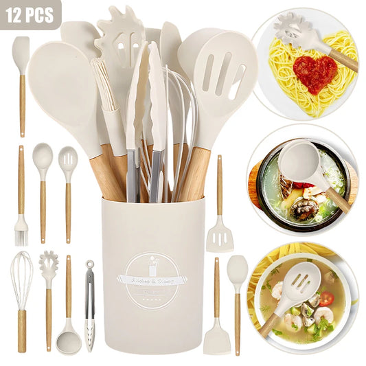 12pcs Silicone Kitchenware Cooking Utensils Set Non Stick Cookware Spatula Shovel Egg Beaters Baking Set with Storage Bucket