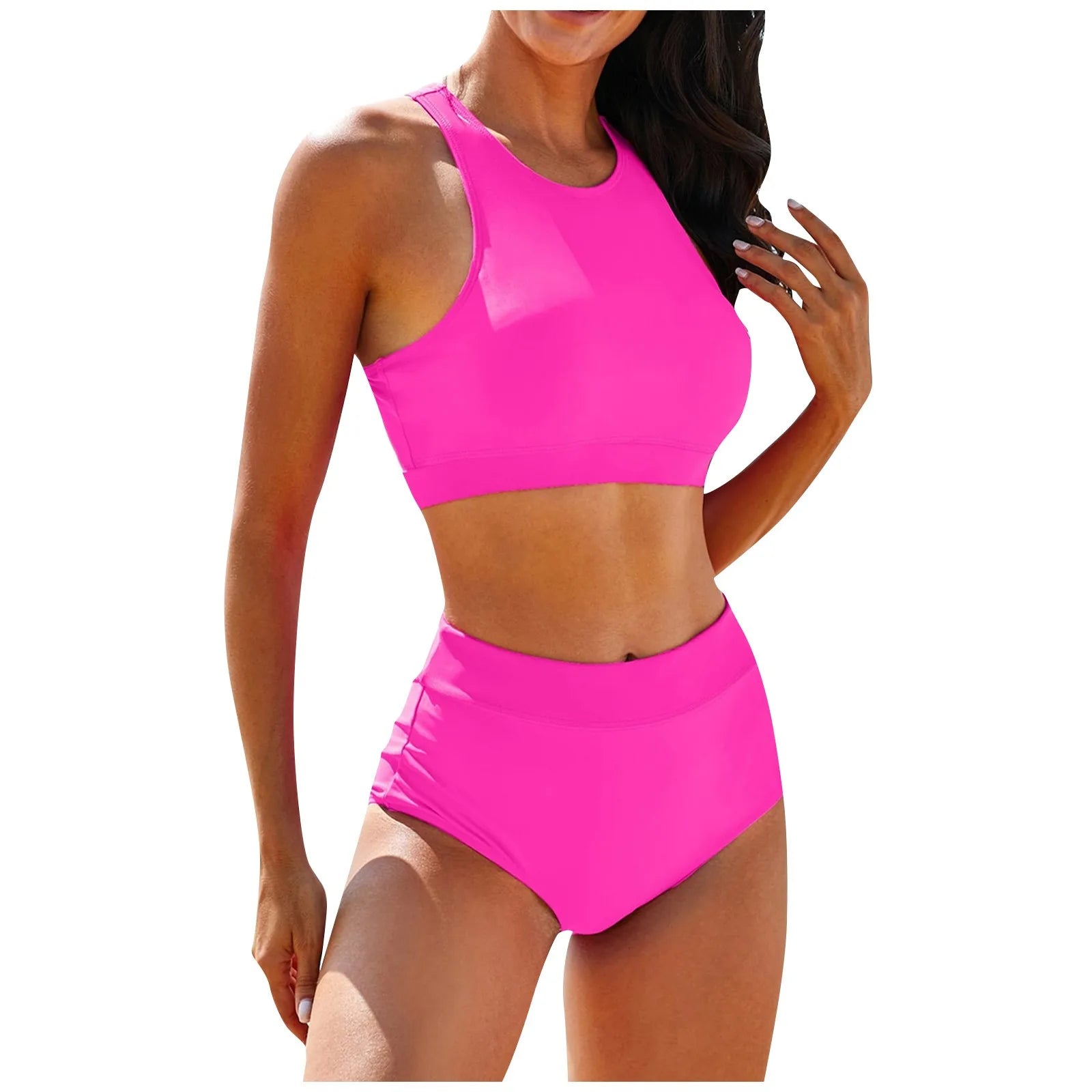 High Waist Casual Two-Piece Swimwear Solid Color Bikini Set - Ky Ky Kiwi