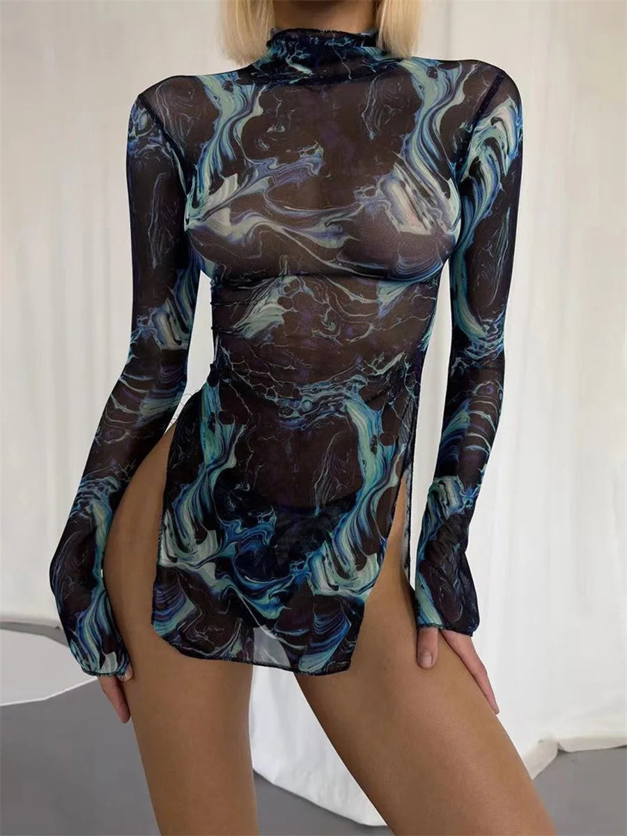 Women Tie-Dye Mesh Maxi Dress with Cut-Out Detail and Thong - Ky Ky Kiwi