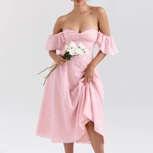 Avrilyaan Short Puff Sleeves Off Shoulder Backless Sexy Dress Women 2025 Elegant Party Dress Jacquard Long Summer Dress Vestidos