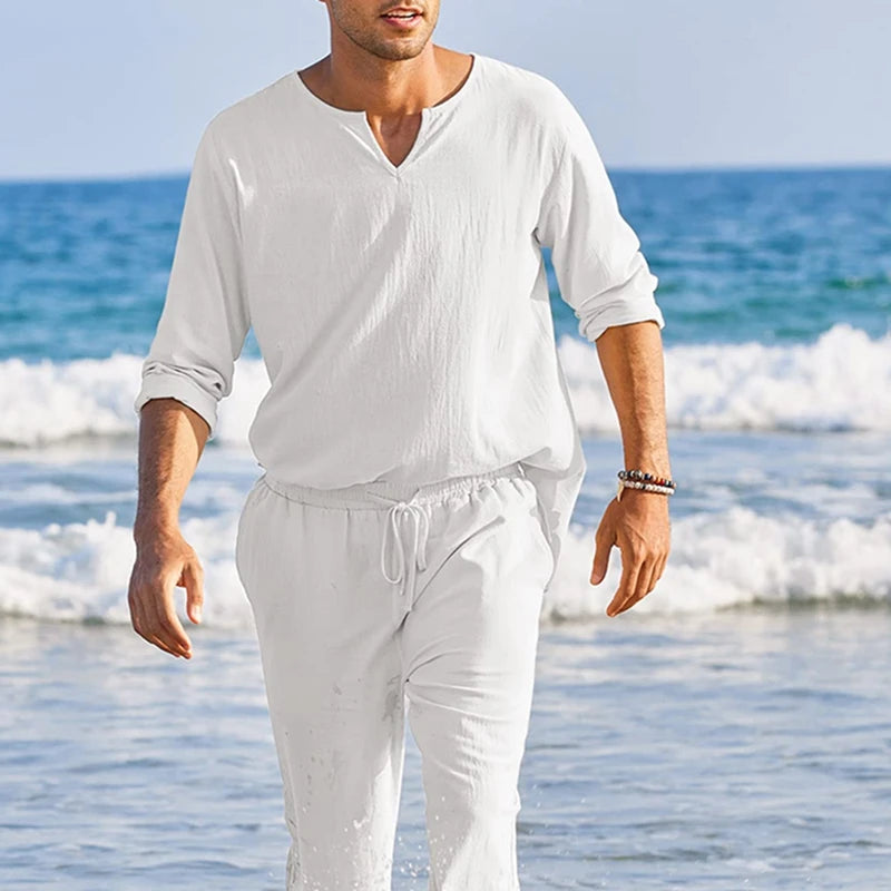 Men's Summer Cotton Linen Henley Shirt and Drawstring Pants Set - Ky Ky Kiwi