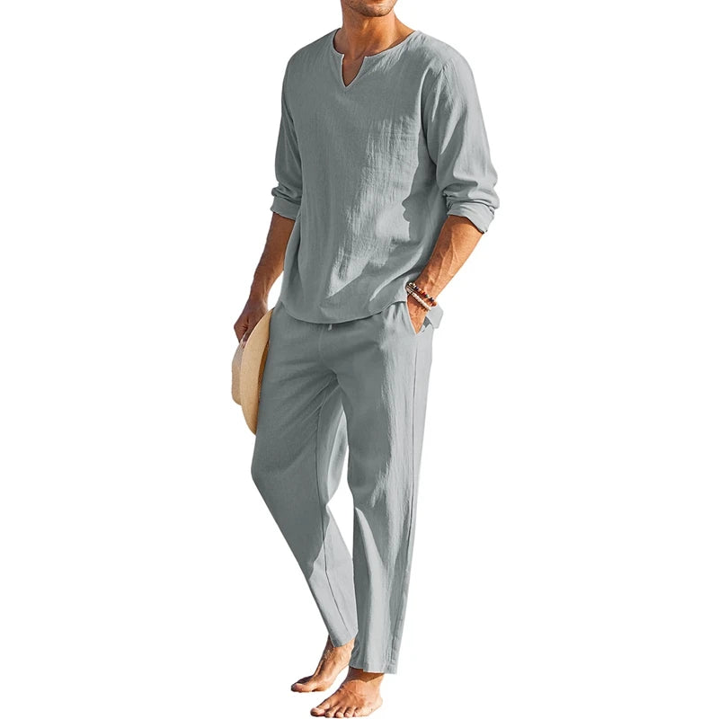 Men's Summer Cotton Linen Henley Shirt and Drawstring Pants Set - Ky Ky Kiwi