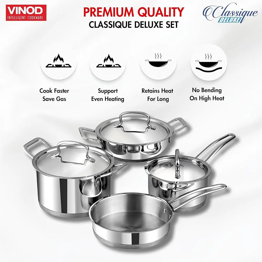 Classique Deluxe Stainl Steel Cookware Set Of 4 Pcs/Saucepan, Saucepot, Wok And Frypan/Steel Utensils Cooking Set For Kitchen,