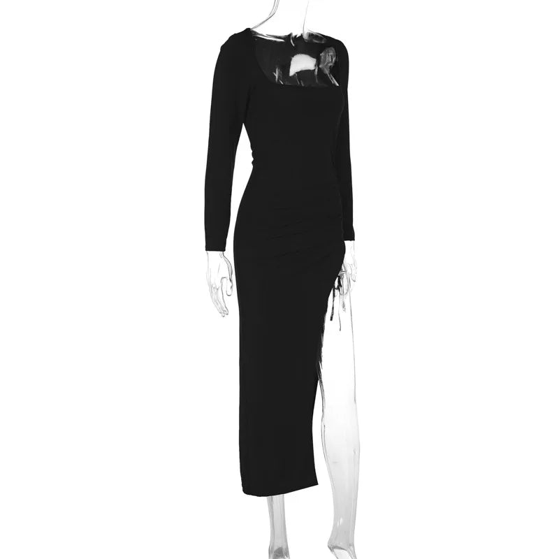 Fall Hot Maxi Dresses Long Sleeve Square Neck High Split Dress Sexy Drawstring Women's Party Evening Dresses for women clothes