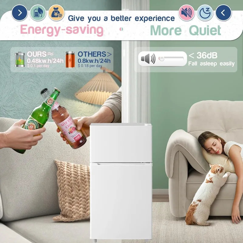 Double Door Refrigerator with Freezer, 3.5 Cu.Ft, Small Fridge with Freezer,7 Settings Temperature Adjustable, Mini Refrigerator