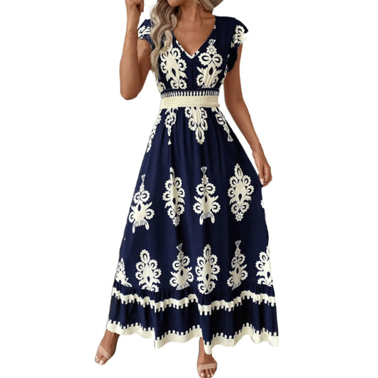 Fashion Sleeveless Maxi Boho Dress Women 2025 Summer Print Waist Bohemian Elegant Short Sleeve Dresses For Women Robe Femme