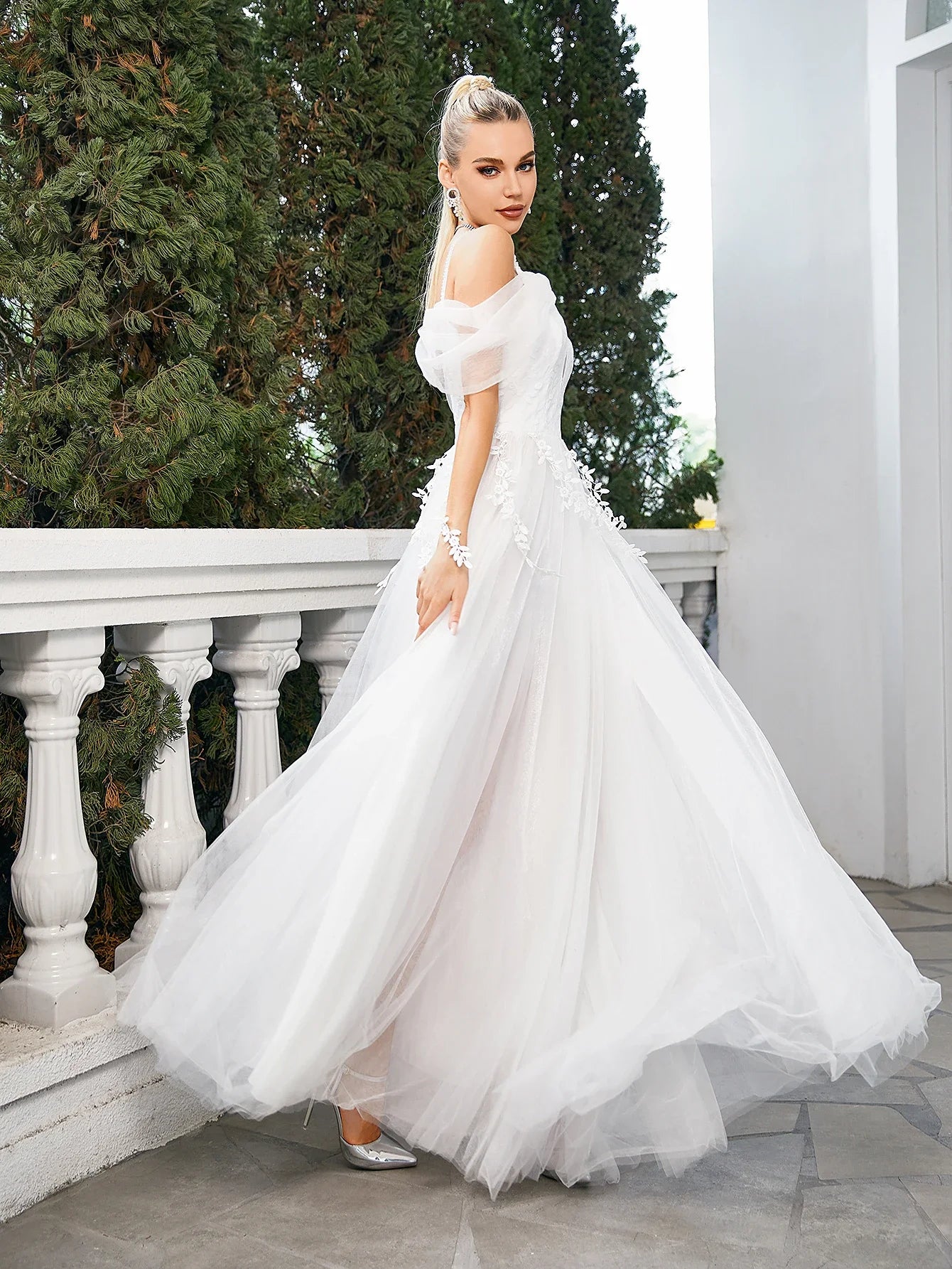Wedding Dress Flower Lace Embroidery Bride Wedding Maxi Dress White Bridesmaid Tulle Gown Long Dress Evening Party Princess Wear